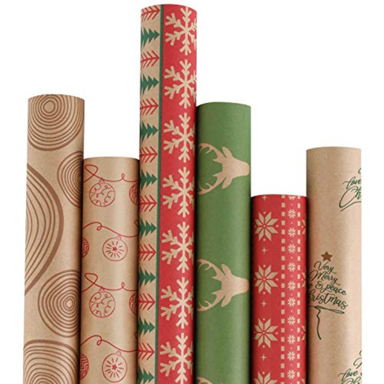 RUSPEPA Christmas Wrapping paper - Brown Kraft Paper with Red and Green  Pattern For -Christmas Elements Collection-6 Roll-30Inch X 10Feet Per Roll